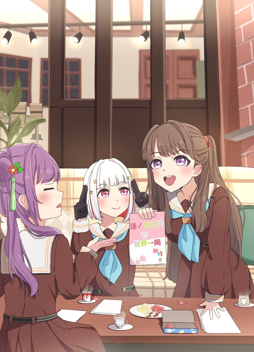 3girls :d absurdres aqua_neckerchief black_gloves bob_cut brown_dress brown_hair colored_inner_hair commentary_request couch cup diagonal_bangs dress flower flyer food food_request fujishima_megumi gloves hair_bun hair_flower hair_ornament half_gloves hand_on_table hasu_no_sora_school_uniform highres holding holding_flyer horns_pose in-universe_location indoors inverted_bob kametora_(kametora02) leaning_forward link!_like!_love_live! long_hair long_sleeves looking_at_another love_live! mug multicolored_hair multiple_girls neckerchief on_couch open_box open_hand open_mouth otomune_kozue pleated_dress profile purple_eyes purple_hair red_eyes red_flower red_hair sailor_collar sailor_dress school_uniform short_hair side_ponytail sidelocks single_side_bun sitting smile standing star_(symbol) star_hair_ornament steam streaked_hair table tassel tassel_hair_ornament teacup two_side_up virtual_youtuber white_hair white_sailor_collar winter_uniform yugiri_tsuzuri