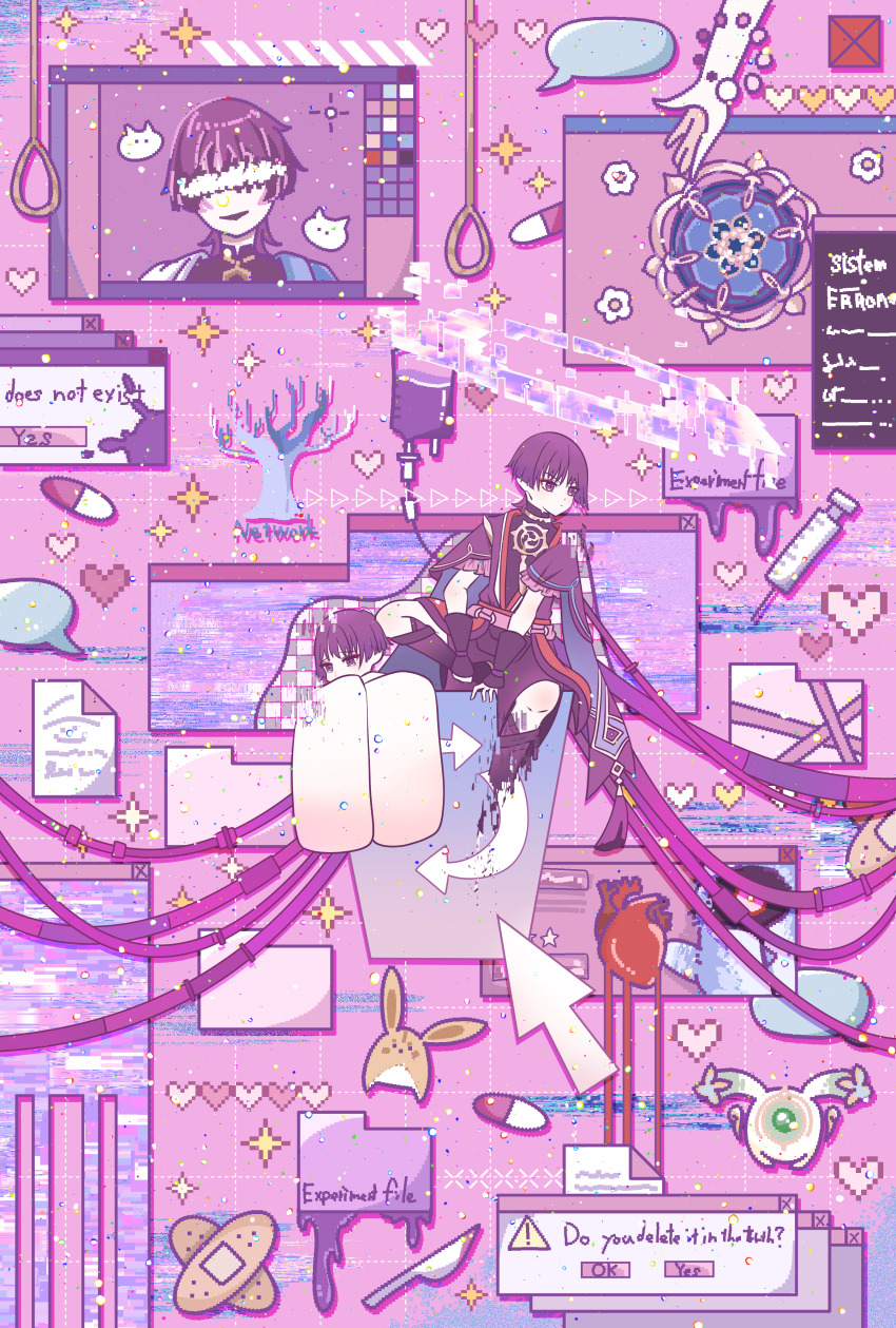 2boys absurdres animalization bare_tree black_bodysuit black_kimono black_leggings black_shorts black_sleeves blue_cape blue_hat blunt_ends bodysuit cable cape closed_mouth cup cursor disembodied_hand dottore_(genshin_impact) dual_persona english_text flower folder furisode genshin_impact gold han&#039;eri hat heart heart_(organ) highres in_container in_cup intravenous_drip irminsul japanese_clothes jewelry jingasa kimono layered_kimono layered_sleeves leggings loading_icon looking_to_the_side mandala mandarin_collar multiple_boys neck_ring neo_akasha_terminal noose o-ring open_clothes open_kimono paper pastel_colors person_and_animalization pink_theme pixel_heart pixelated purple_eyes purple_hair purple_sash purple_sleeves red_kimono red_sash sash scaramouche_(genshin_impact) scaramouche_(kabukimono)_(genshin_impact) short_sleeves shorts sign sitting smile speech_bubble star_(symbol) syringe tree tukineko222 warning_sign white_flower white_kimono window_(computing) yuegui_(genshin_impact)