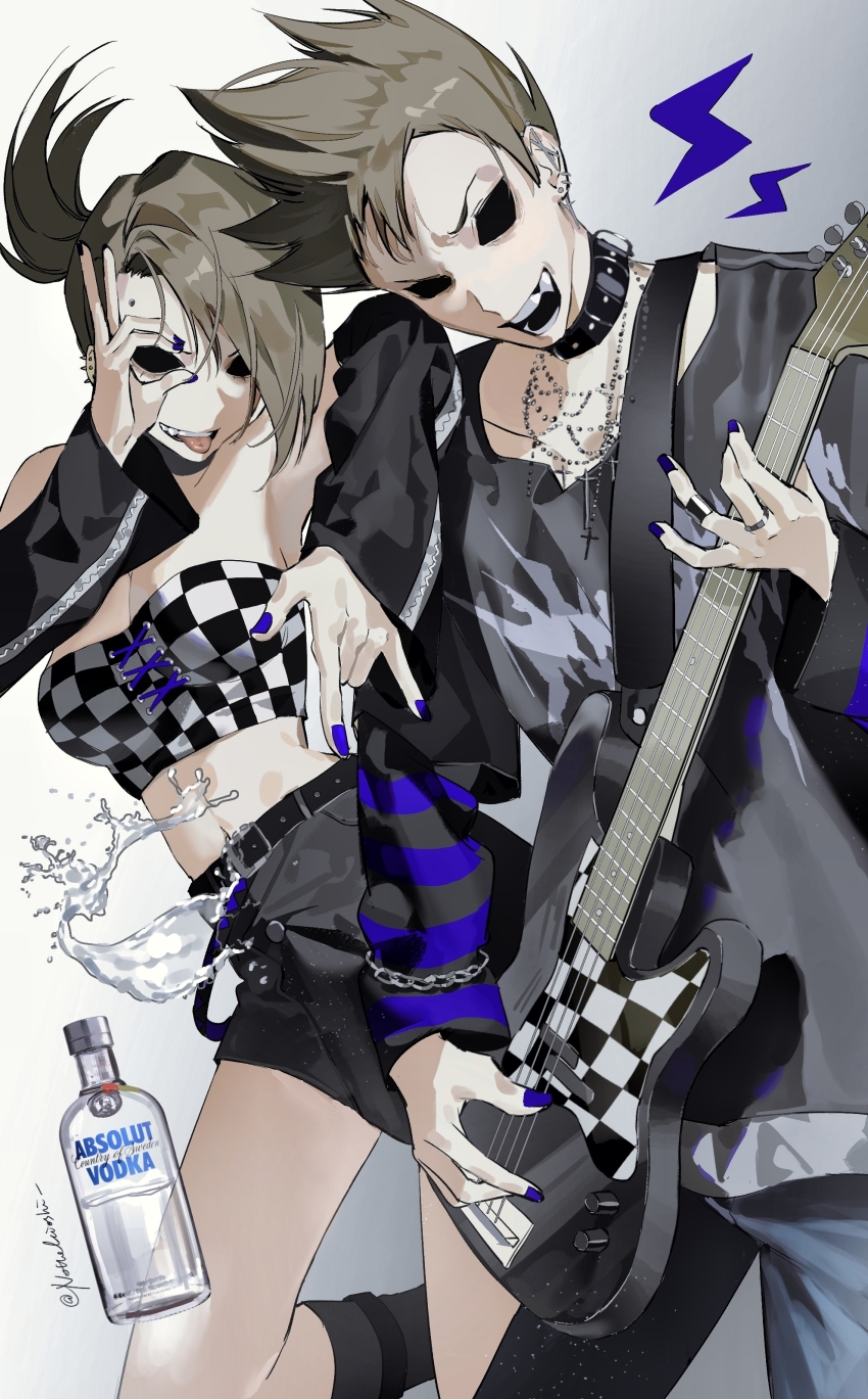 1boy 1girl :d \m/ absurdres alcohol asymmetrical_bangs bare_shoulders bass_guitar belt black_arm_warmers black_belt black_collar black_mouth black_shirt black_skirt black_socks blue_nails blue_pants blue_shirt bottle breasts brown_hair chain chain_bracelet checkered_clothes cleavage collar collarbone cowboy_shot cross cross-laced_clothes cross-laced_top cross_earrings cross_necklace denim dual_persona dutch_angle ear_piercing earrings eddsworld elbow_rest eyebrow_piercing face_piercing fang feet_out_of_frame gradient_background grey_background grey_shirt hair_behind_ear highres holding holding_bass_guitar holding_instrument hollow_eyes instrument jeans jewelry kiyoshi_st kneehighs layered_shirt layered_sleeves lightning_bolt_symbol long_sleeves looking_at_viewer medium_breasts midriff miniskirt music nail_polish navel necklace ok_sign ok_sign_over_eye open_mouth pants piercing playing_instrument ponytail raglan_sleeves ring shirt short_over_long_sleeves short_sleeves silver_necklace simple_background skirt smile socks spiked_ear_piercing standing strapless striped_clothes striped_shirt studded_belt tamara_(eddsworld) teeth tom_(eddsworld) tongue tongue_out tongue_piercing tube_top two-tone_shirt v-shaped_eyebrows vodka white_background wine_bottle
