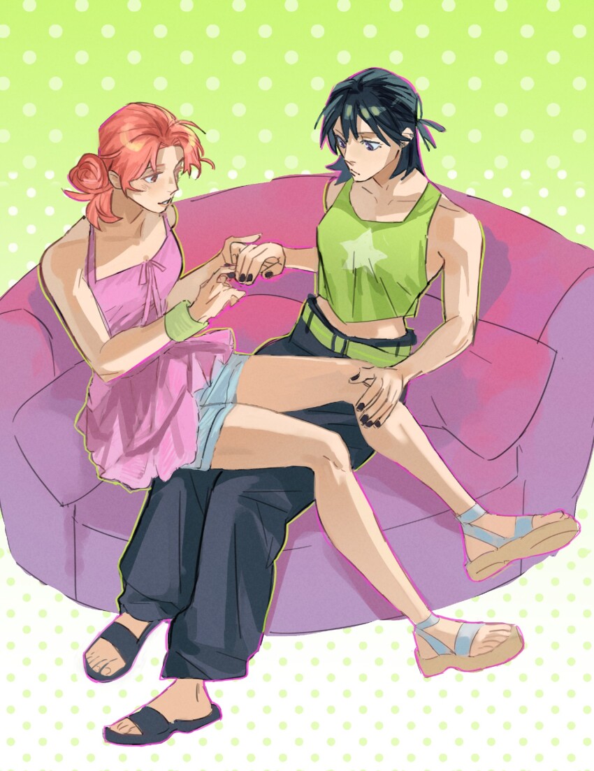 2girls applying_manicure bare_arms bare_shoulders belt black_hair black_nails black_pants black_sandals breasts brown_eyes closed_mouth coffetia collarbone commentary couch crop_top cropped_shirt dress english_commentary green_background green_belt green_tank_top hair_bun hand_on_another&#039;s_knee highres holding_hands kininatteru_hito_ga_otoko_ja_nakatta koga_mitsuki midriff_peek multiple_girls nail_polish on_couch oosawa_aya orange_hair painting_nails pants pink_dress polka_dot polka_dot_background ponytail purple_eyes sandals short_ponytail single_hair_bun sitting sitting_on_lap sitting_on_person small_breasts star_(symbol) star_print tank_top toes wristband