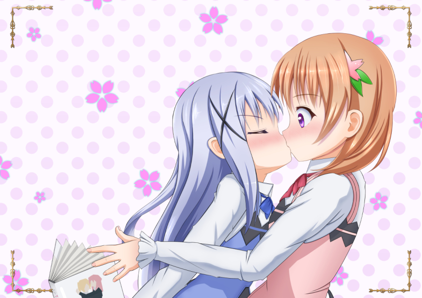 2girls aneten blue_hair blush brown_hair cameo company_connection dropping closed_eyes gochuumon_wa_usagi_desu_ka? hair_ornament hairclip hoto_cocoa kafuu_chino kiss long_hair manga_(object) manga_time_kirara md5_mismatch multiple_girls purple_eyes rabbit_house_uniform sakura_trick short_hair sonoda_yuu surprise_kiss surprised takayama_haruka x_hair_ornament yuri