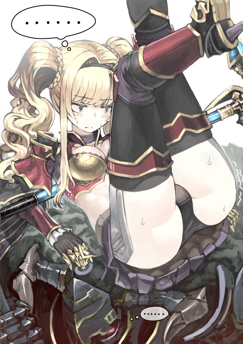 1boy 1girl absurdres black_panties blonde_hair blush braid breasts closed_mouth fake_horns granblue_fantasy helm helmet highres horned_helmet horns legs_up medium_breasts panties pantyshot polearm simple_background speech_bubble sweat tefec thought_bubble trembling twintails underwear upskirt vaseraga weapon white_background zeta_(granblue_fantasy)