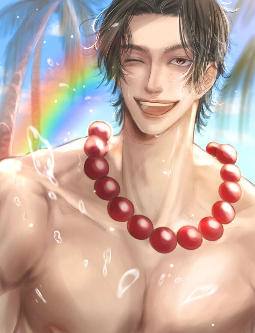 1boy bara black_hair commentary highres jewelry male_focus necklace one_eye_closed one_piece open_mouth palm_tree pearl_necklace portgas_d._ace rainbow rihirihi613 short_hair smile solo topless_male tree water