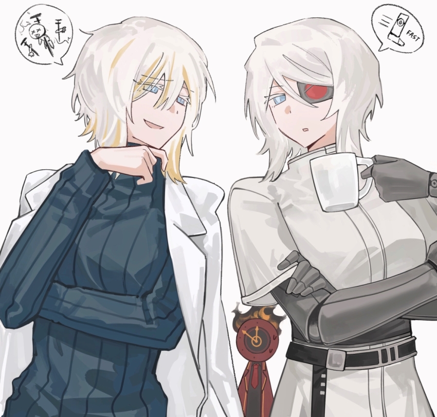 1other 2girls artificial_eye blonde_hair blue_eyes blue_sweater clock coat dante_(limbus_company) dress dual_persona extra_arms faust_(project_moon) fire ivy_(675671) lapels limbus_company mechanical_arms mechanical_eye multicolored_hair multicrack_office_(identity)_(project_moon) multiple_girls n_corp._fanatic_(identity)_(project_moon) necktie notched_lapels object_head project_moon red_coat red_necktie ribbed_sweater short_hair short_sleeves streaked_hair sweater white_coat white_dress white_hair