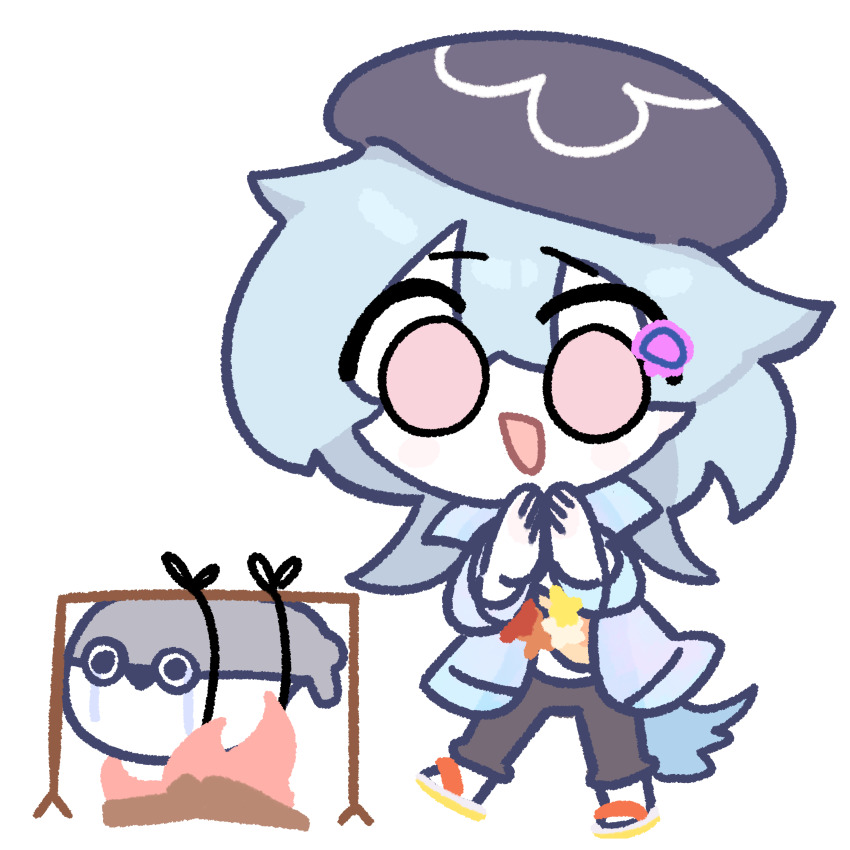 1boy absurdres amedrama arknights blue_hair chibi chibi_only commentary_request crying highres korean_commentary long_hair male_focus mizuki_(arknights) mizuki_(summer_feast)_(arknights) official_alternate_costume open_mouth pink_eyes rotisserie sacabambaspis solo