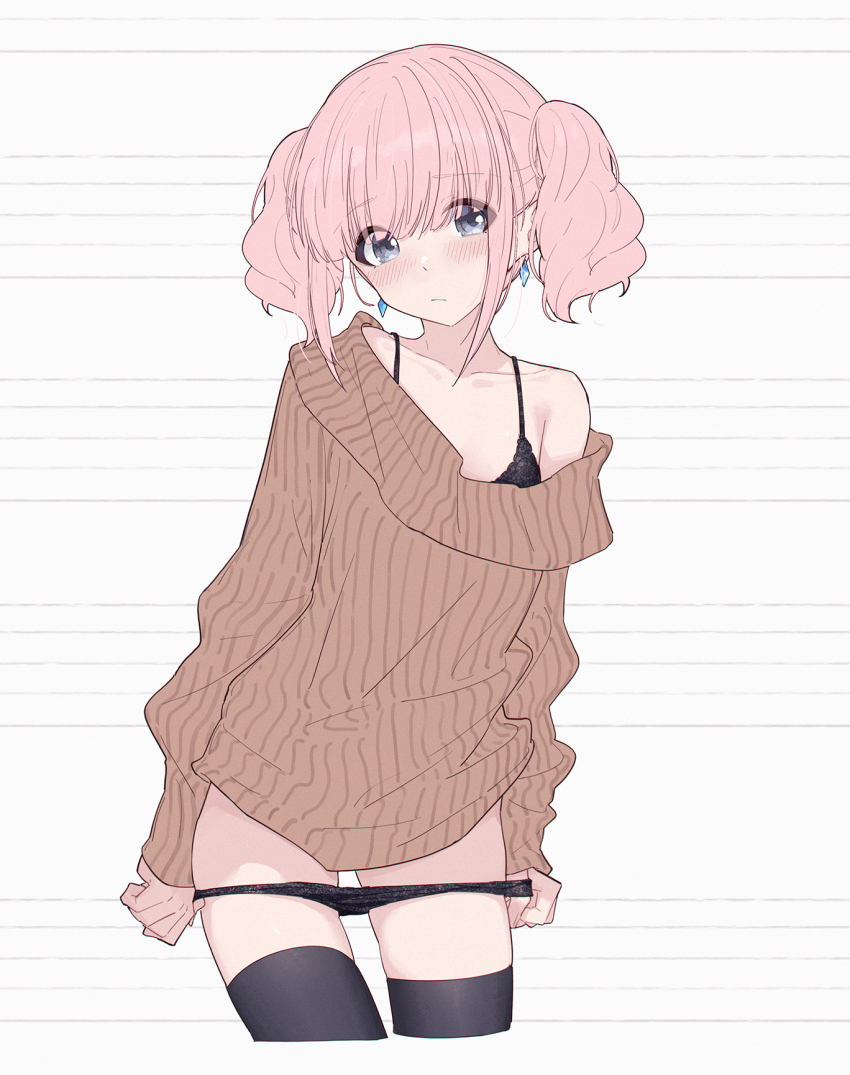 1girl black_bra black_panties black_thighhighs blush bra brown_sweater closed_mouth girls_band_cry grey_eyes highres hina_(girls_band_cry) long_sleeves looking_at_viewer medium_hair panties panty_pull pink_hair short_twintails single_off_shoulder solo sweater thighhighs twintails underwear yun_cao_bing
