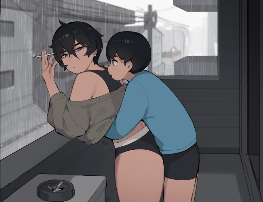 1boy 1girl age_difference akiyama_toru_(pepper0) aunt_and_nephew balcony black_hair cigarette grey_sky hetero highres hug hug_from_behind incest miyamoto_chihiro_(pepper0) onee-shota original outdoors pepper0 rain short_hair shota sky smoking