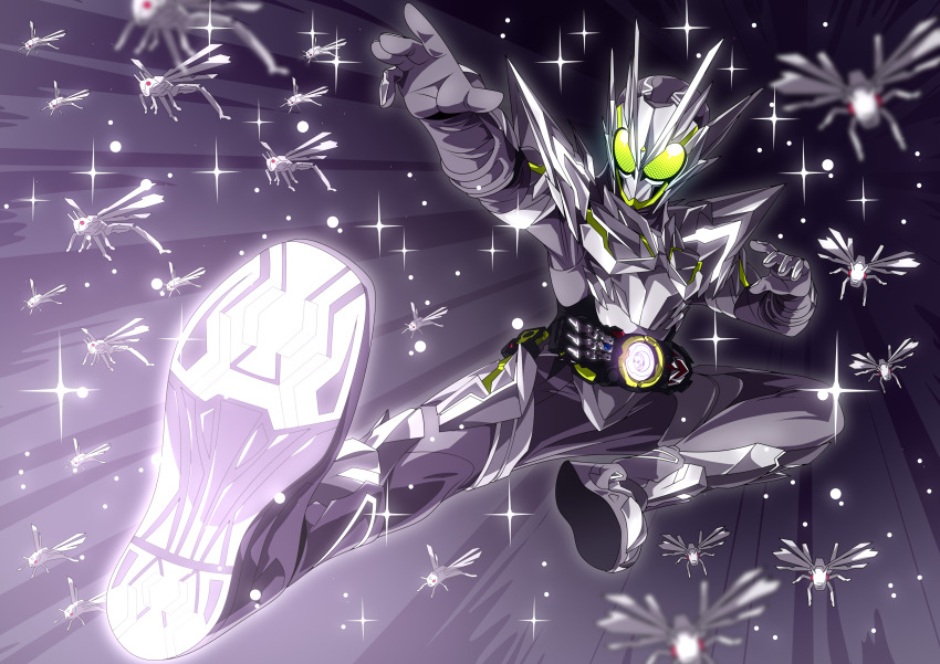 1boy absurdres armor armored_gloves bug compound_eyes rider_belt finishing_move flying_kick full_body glowing glowing_eyes grasshopper highres insect kamen_rider kamen_rider_01_(series) kamen_rider_zero-one kicking looking_at_viewer male_focus metalcluster_hopper otokamu power_armor progrise_key rider_belt rider_kick silver_bodysuit solo thighs tokusatsu zero_one_driver