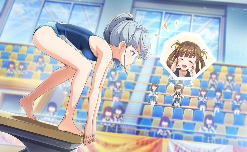 6+girls ^_^ artist_request audience awane_kokoro bare_arms bare_legs bare_shoulders barefoot blue_eyes blue_necktie blue_one-piece_swimsuit blue_sailor_collar blue_skirt braid brown_hair cheering closed_eyes closed_mouth crest crown_braid cube_hair_ornament day diving_board expressionless eyelashes faceless faceless_female fingernails game_cg grey_hair hair_ornament hair_rings hair_tie happy high-waist_skirt highres indoors jewelry kagami_masara layered_sleeves leaning_forward light_blush light_particles long_hair long_sleeves looking_ahead magia_record:_mahou_shoujo_madoka_magica_gaiden mahou_shoujo_madoka_magica mahou_shoujo_madoka_magica_magia_exedra miniskirt multiple_girls necktie official_art one-piece_swimsuit plaid_clothes plaid_skirt pleated_skirt pointy_nose ring sailor_collar san_chuo_chuan school_swimsuit shirt short_over_long_sleeves short_sleeves skirt smile solo_focus spoken_character swimsuit toenails toes wet white_shirt white_sleeves window