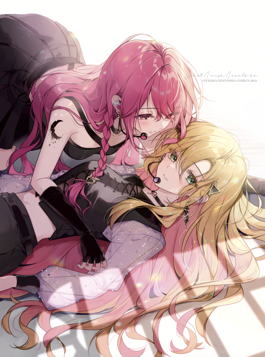 2girls arm_tattoo belt black_belt black_gloves black_shirt black_skirt blonde_hair braid character_request commentary_request crescent_tattoo elbow_gloves fingerless_gloves girl_on_top gloves green_eyes hair_between_eyes hair_ornament hair_spread_out headset heart heart_hair_ornament highres lace-up long_hair looking_at_another looking_at_viewer lying midriff multiple_girls navel official_art on_back original parted_lips pink_eyes pink_hair see-through_clothes shadow shirt side_braid skirt tattoo triangle_hair_ornament twitter_username very_long_hair window_shadow yukiko_(tesseract) yuri