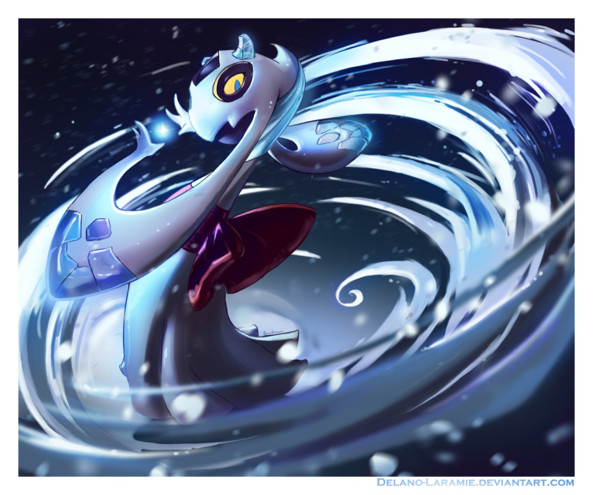 blue_eyes border colored_sclera commentary creature delano-laramie english_commentary froslass full_body gen_4_pokemon looking_at_viewer nintendo no_humans pokemon pokemon_(creature) ribbon snowing solo watermark web_address white_border wind yellow_sclera