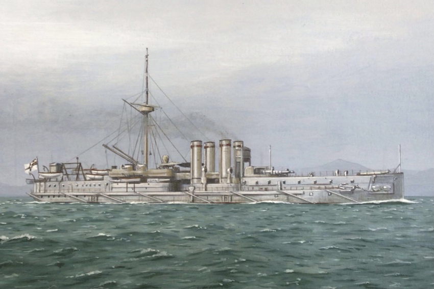 atelier_bono cannon highres imperial_german_navy imperial_war_flag ironclad mast military_vehicle ocean original painting_(medium) ship sky smoke smokestack sms_sachsen_(1877) traditional_media vehicle_focus warship watercolor_(medium) watercraft