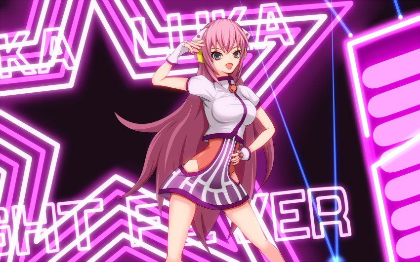 1girl blue_eyes fingerless_gloves gloves hand_on_own_hip hand_up headphones highres jut0923 long_hair luka_luka_night_fever_(vocaloid) megurine_luka open_mouth pink_hair pole_dancing project_diva_(series) project_diva_extend puffy_short_sleeves puffy_sleeves samfree_(&quot;night&quot;_songs) sano_takayuki_(samfree) short_sleeves smile solo stage swept_bangs vocaloid white_gloves