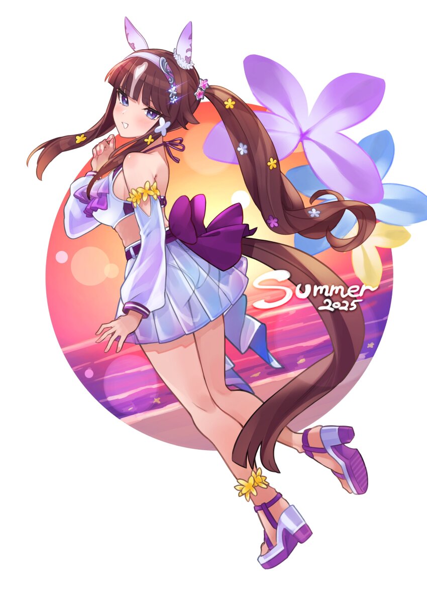 1girl 2025 absurdres alternate_costume animal_ears blush breasts brown_hair english_text full_body hair_between_eyes hair_ornament hairband highres horse_ears horse_girl looking_at_viewer lucky_lilac_(umamusume) medium_breasts purple_eyes solo standing umamusume yokoji_(kodai2015)