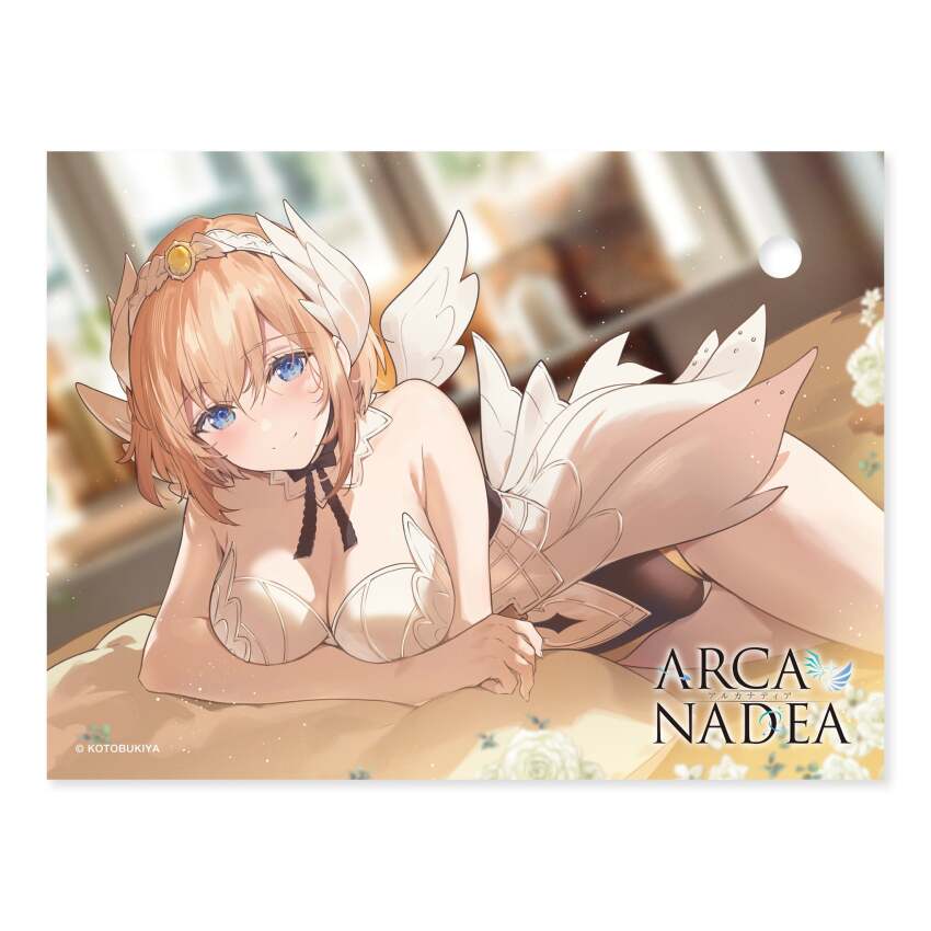 1girl arcanadea arm_rest arms_under_breasts bird_wings blonde_hair blue_eyes blurry blurry_background breasts cleavage copyright_logo feather_hair_ornament feathers hair_ornament hairband highres kotobukiya light_blush lumitea lying necomi off-shoulder_leotard official_art on_bed on_side pillow short_hair skirt smile solo third-party_source white_skirt wings