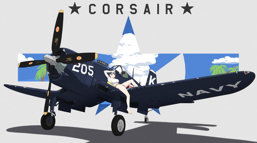 1girl aircraft airplane arm_up artist_name atamonica bare_legs black_hair black_panties blue_eyes blunt_bangs blush breasts canopy_(aircraft) commentary english_commentary english_text expressionless f4u_corsair hair_ornament hairclip hand_on_forehead hand_on_own_forehead highleg highleg_panties highres large_breasts looking_at_viewer lying midriff military_vehicle on_airplane on_back on_pillow original panties personification pillow propeller propeller_fighter shirt short_hair solo underwear united_states_navy vehicle_and_personification wheel white_shirt