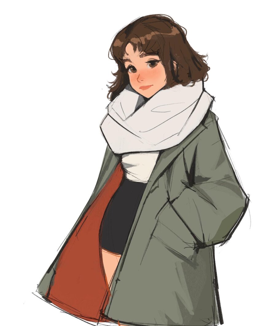 1girl brown_eyes brown_hair cowboy_shot crop_top green_jacket hands_in_pockets highres jacket medium_hair messy_hair miniskirt original sam_yang scarf simple_background skirt smile solo white_background white_scarf