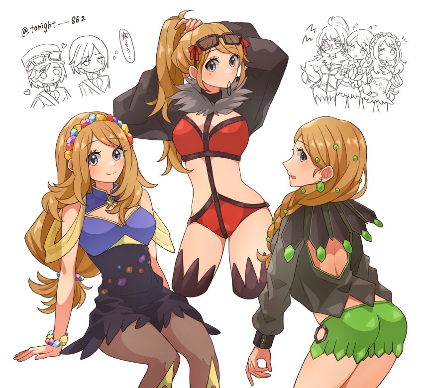 armlet ascot belt black_ribbon blonde_hair blue_dress blush breasts calem_(champion)_(pokemon) calem_(pokemon) closed_mouth dress eyelashes eyewear_on_head grey_eyes hair_ornament hat highres jewelry long_hair long_sleeves looking_at_viewer necktie nintendo open_mouth pokemon pokemon_masters_ex ponytail rain_(tonight_862) ribbon serena_(champion)_(pokemon) serena_(palentine&#039;s_2021)_(pokemon) serena_(pokemon) serena_(sygna_suit)_(pokemon) short_hair smile sunglasses tiara white_ascot wrist_cuffs