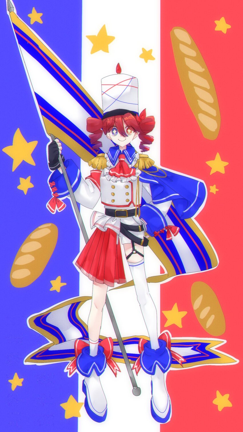 baguette belt black_belt blue_cape boots bow bread buttons cape closed_mouth collar collared_jacket double-breasted drill_hair flag food food_print french_flag frilled_collar frilled_jacket frills full_body hair_between_eyes hair_bow hand_on_own_hip hand_up hat heterochromia highres holding holding_flag jacket kasane_teto kasane_teto_(sv) knee_boots looking_at_viewer military_uniform print_background red_bow red_eyes red_hair seisankariume4 shako_cap shirt skirt smile star-shaped_pupils star_(symbol) star_print straight-on striped_hat symbol-shaped_pupils synthesizer_v thighhighs twin_drills utau white_cape white_footwear white_hat white_shirt wing_collar