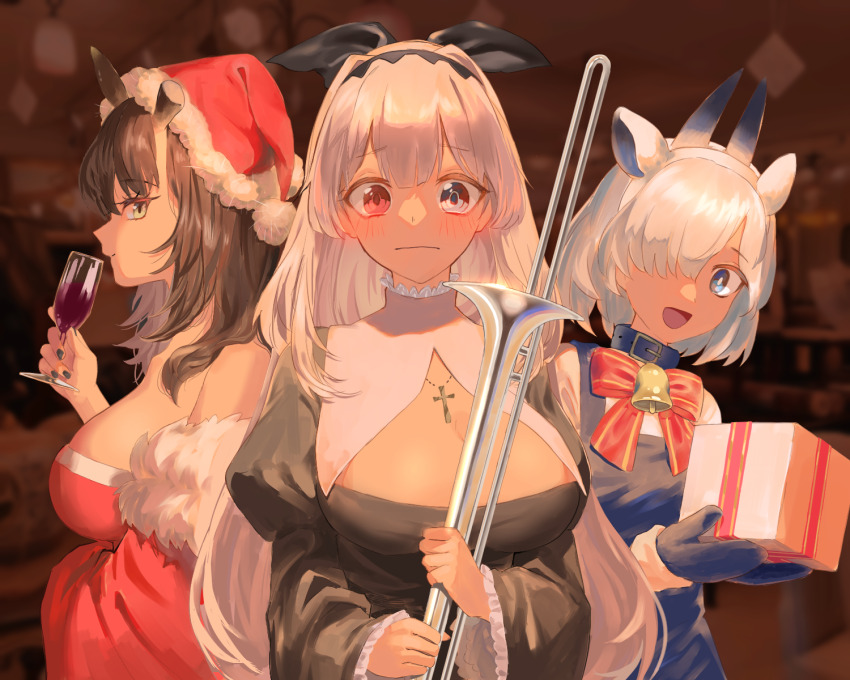 3girls alchemy_stars bell bethel_(alchemy_stars) black_dress black_hair blue_eyes blurry blurry_background blush bow box breasts broken_horn champagne_flute chicha_(chi_cha_rigbo) cleavage cleavage_cutout closed_mouth clothing_cutout collar commentary connolly_(alchemy_stars) cross cross_necklace cup dress drinking_glass english_commentary gift gift_box grey_hair hair_bow hair_over_one_eye hairband hands_up hat heterochromia highres holding holding_cup holding_gift holding_instrument horns indoors instrument jewelry juliet_sleeves large_breasts long_hair long_sleeves multiple_girls neck_bell necklace open_mouth puffy_sleeves red_eyes santa_hat sariel_(alchemy_stars) sideways_glance smile trombone upper_body