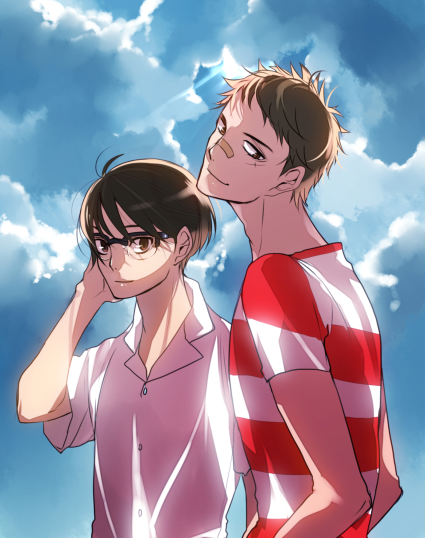 19800205 2boys bandaid bandaid_on_face bandaid_on_nose black_hair blonde_hair bloom blue_sky cross_scar facial_scar glasses hand_in_own_hair highres kawabuchi_sentarou light_rays looking_at_viewer male_focus multiple_boys nishimi_kaoru sakamichi_no_apollon scar scar_on_cheek scar_on_face shirt short_hair sky smile striped_clothes striped_shirt upper_body