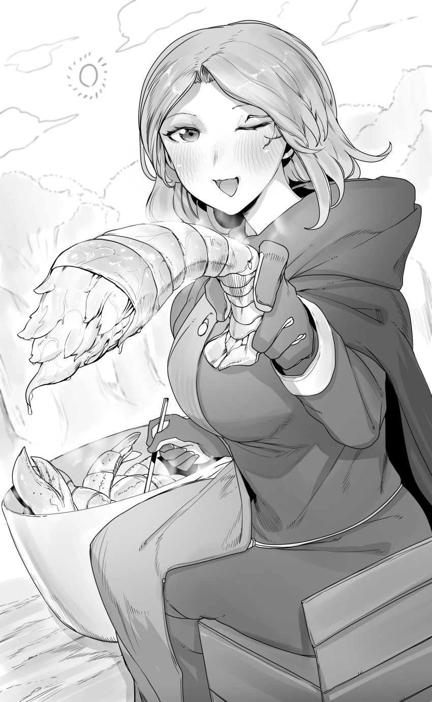 1girl absurdres blush breasts cloak cloud cooking crayfish crustacean dress elden_ring facial_tattoo food forest gloves greyscale highres holding holding_food hood hood_down hooded_cloak incoming_food large_breasts medium_breasts medium_hair melina_(elden_ring) monochrome nature niwarhythm one_eye_closed open_mouth outdoors short_hair shrimp sitting smile solo sun tattoo tree