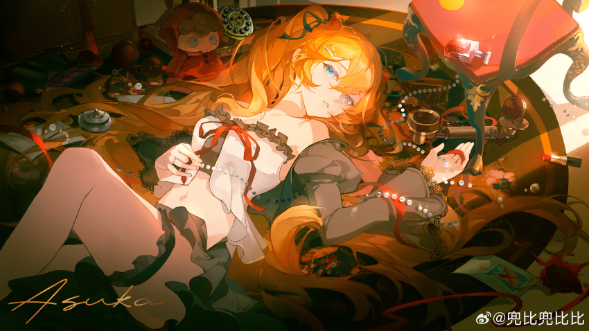 1girl absurdres bare_shoulders black_skirt blue_eyes breasts chinese_commentary commentary_request detached_sleeves eva_(metal_gear) frills hair_between_eyes hair_ribbon highres knee_up long_hair long_sleeves looking_at_viewer lying midriff navel neon_genesis_evangelion on_back orange_hair parted_lips puffy_sleeves red_ribbon ribbon skirt solo stomach strapless thigh_strap twintails very_long_hair yuanyi163