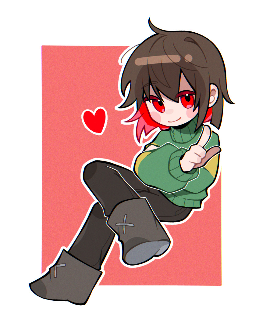 1other ahoge ankle_boots black_pants bob_cut boots border brown_hair chara_(undertale) chinese_commentary chromatic_aberration closed_mouth colored_eyelashes colored_inner_hair commentary_request crossed_arms crossed_legs deformed film_grain full_body green_sweater grey_boots hair_between_eyes heart highres index_finger_raised invisible_chair knee_up long_sleeves looking_at_viewer multicolored_hair no_nose no_sclera other_focus outline outside_border pants puffy_long_sleeves puffy_sleeves red_background red_eyes red_hair short_hair simple_background sitting smile solo striped_clothes striped_sweater sweater turtleneck turtleneck_sweater two-tone_hair two-tone_sweater undertale white_border white_outline xinjinjumin831306571458 yellow_sweater
