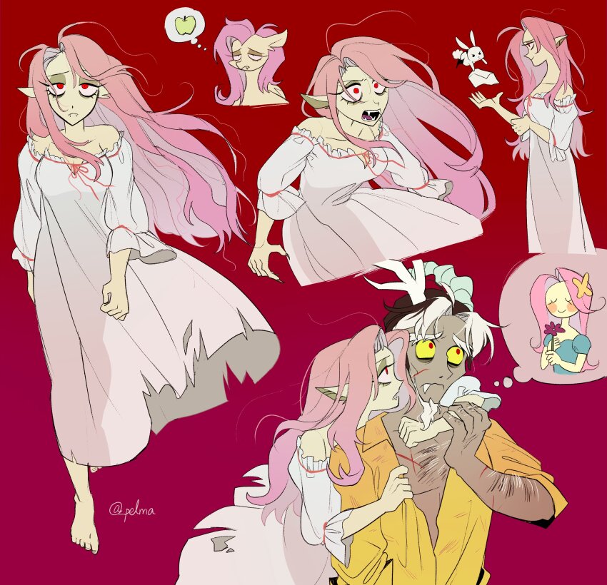 1boy 1girl absurdres arm_hair barefoot breasts chest_hair colored_sclera discord_(my_little_pony) dress envelope flutterbat fluttershy highres long_hair medium_breasts multicolored_hair my_little_pony my_little_pony:_friendship_is_magic nightgown off_shoulder pale_skin pelma personification pink_hair poi rabbit red_background red_eyes shirt streaked_hair vampire very_long_hair white_dress white_nightgown yellow_sclera yellow_shirt