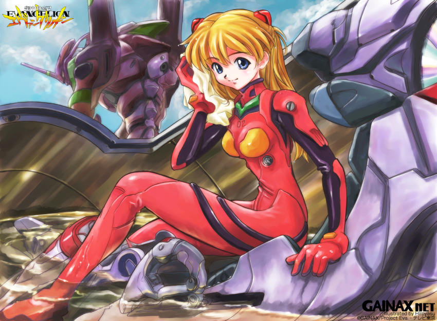1girl artist_name blue_eyes blue_sky bodysuit breasts closed_mouth cloud cloudy_sky cockpit commentary copyright_name copyright_notice drying drying_hair eva_01 from_side hiroyasu holding holding_towel interface_headset_(evangelion) knees_up lcl long_hair looking_at_viewer looking_to_the_side mecha_pilot_suit medium_breasts neon_genesis_evangelion non-web_source official_art orange_hair partially_submerged plugsuit_(evangelion) red_bodysuit sitting sky smile solo souryuu_asuka_langley towel translated