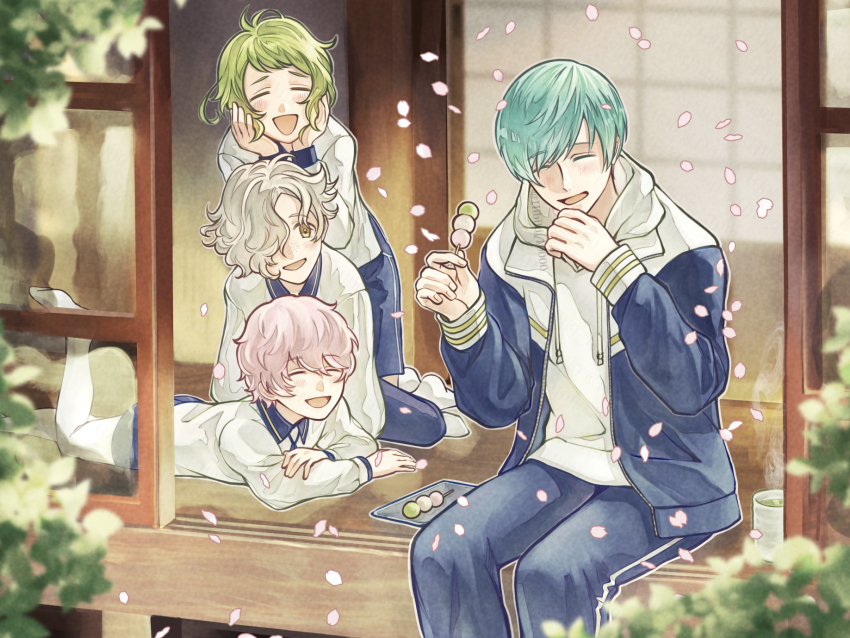 4boys akita_toushirou dango food gokotai highres ichigo_hitofuri japanese_house mouri_toushirou multiple_boys touken_ranbu wagashi