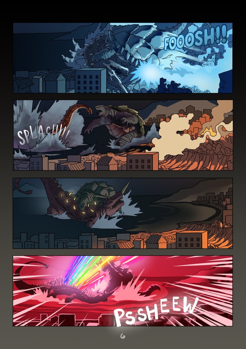 alex_alcanter barugon blue_fire blue_plasma cutting daiei_film daiei_motion_picture destruction energy energy_beam english_text exhaust fire flying gamera gamera_(series) gamera_vs._barugon glowing highres horns kadokawa kaiju laser lizard multicolored_energy_beam nasal_horn night no_humans no_pupils pain plasma rainbow rainbow_death_ray roaring screaming sea_monster smoke spike_beam spikes splashing tail text_focus turtle turtle_shell tusks village water yellow_eyes