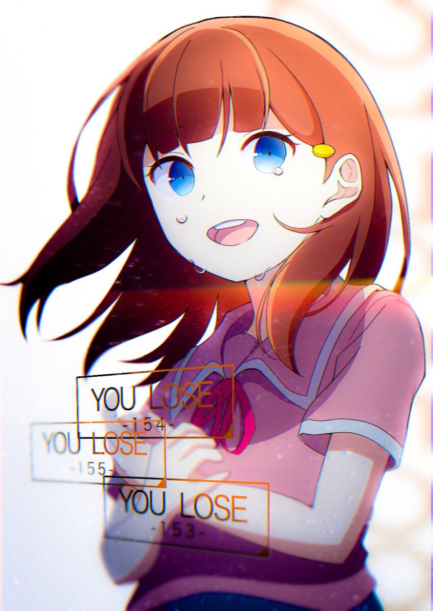 1girl aged_down atltax_00 blue_eyes blue_skirt brown_hair crossed_arms crying crying_with_eyes_open dappled_sunlight english_text facing_to_the_side hand_on_own_chest highres light_particles looking_at_viewer looking_to_the_side open_mouth red_ribbon ribbon skirt sugisaki_miyu sunlight tearing_up tears white_background white_trim wind yu-gi-oh! yu-gi-oh!_vrains