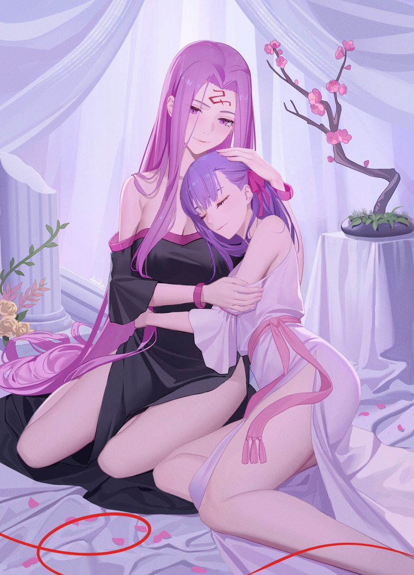 2girls absurdres black_dress breasts closed_eyes column commentary dress drid facial_mark fate/stay_night fate_(series) feet_out_of_frame forehead forehead_mark highres long_hair matou_sakura medusa_(fate) medusa_(rider)_(fate) multiple_girls pillar purple_eyes purple_hair red_ribbon ribbon square_pupils very_long_hair white_dress yuri
