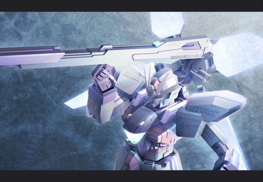 after_war_gundam_x cannon glowing gundam gundam_x letterboxed mecha no_humans reigan robot solo x_gundam