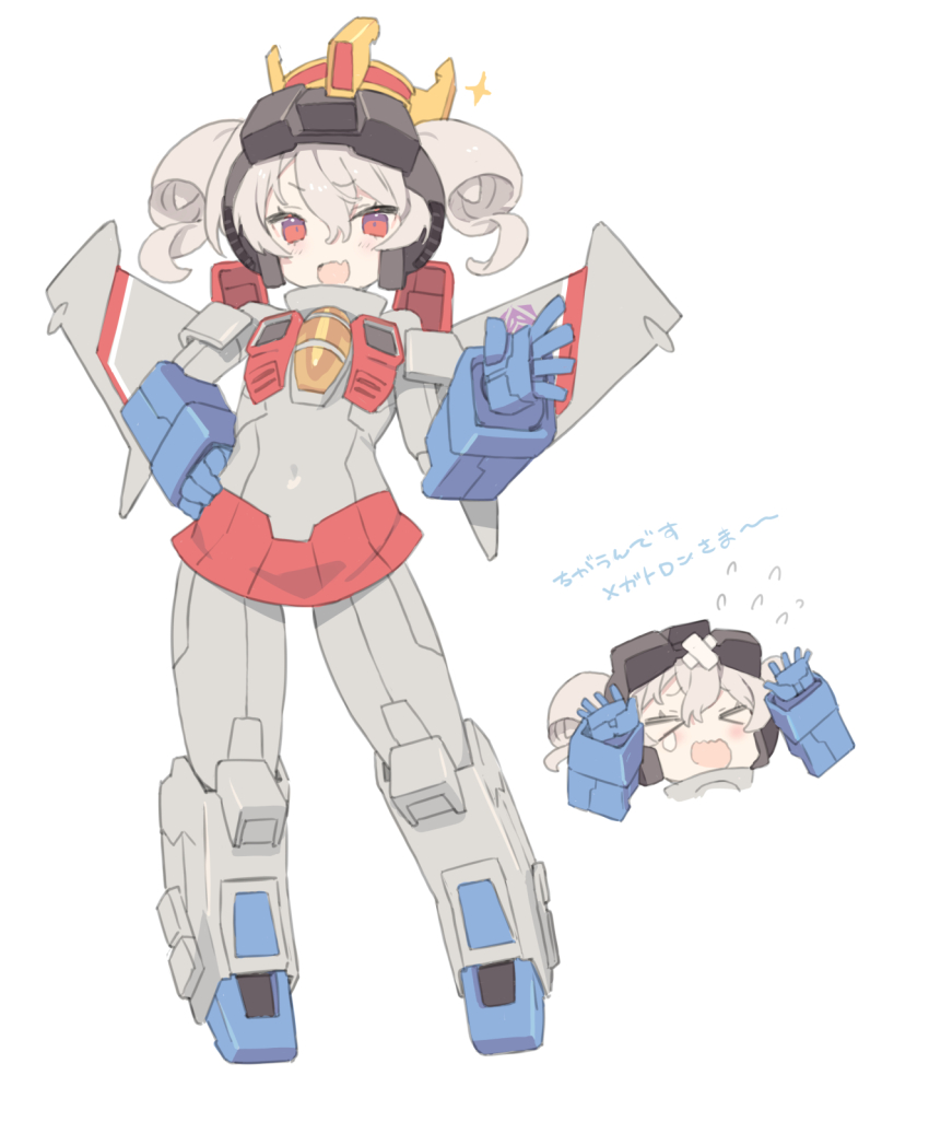 &gt;_&lt; 1girl :d arms_up blade_(galaxist) bodysuit chibi closed_eyes commentary_request copyright_request covered_navel crossed_bandaids fang flying_sweatdrops grey_bodysuit grey_hair hair_between_eyes hand_on_own_hip highres humanization multiple_views open_mouth red_eyes red_skirt simple_background skirt smile starscream tears transformers translation_request twintails wavy_mouth white_background