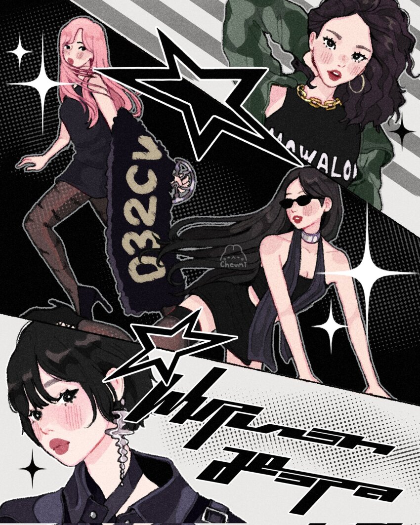 4girls aespa black_dress black_hair blush bob_cut chain chain_necklace cheumi closed_mouth commentary dress earrings giselle_(aespa) group_name highres hoop_earrings jewelry k-pop karina_(aespa) long_hair looking_at_viewer multiple_girls necklace ningning_(aespa) pantyhose parted_lips pink_hair real_life red_lips short_hair song_name sparkle sunglasses thighhighs winter_(aespa)