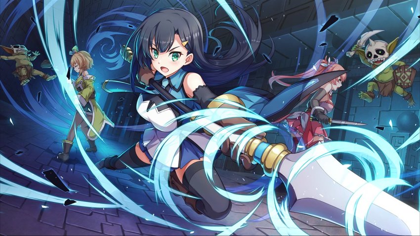 3girls battle black_hair cielo_(konosuba) dungeon erika_(konosuba) goblin green_eyes hair_ornament hairclip kono_subarashii_sekai_ni_shukufuku_wo! konosuba!_fantastic_days lia_(konosuba) long_hair multiple_girls polearm shield skull spear thighhighs underground weapon