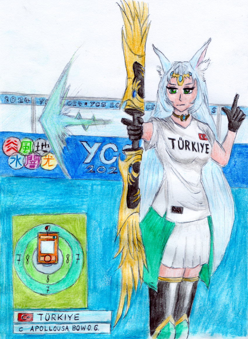 absurdres animal_ears apollousa_bow_of_the_goddess black_gloves blue_hair bow gloves green_eyes highres olympics parody skirt thighhighs traditional_media turkey_(country) turkish_flag yu-gi-oh! yusuf_dikec