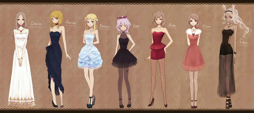 6+girls :d absurdres adelle_(fft) agrias_oaks alma_beoulve alternate_costume animal_ears arms_behind_back ashelia_b&#039;nargin_dalmasca bare_shoulders black_dress black_legwear blonde_hair blue_dress blue_eyes bow bracelet braid breasts brown_eyes character_name choker crescent crescent_necklace dark-skinned_female dark_skin dress earphones earrings final_fantasy final_fantasy_tactics final_fantasy_tactics_a2 final_fantasy_tactics_advance final_fantasy_xii fingernails flower formal_clothes fran_(ff12) frilled_dress frills fur_trim hair_bow hair_flower hair_ornament hairband hand_on_own_hip high_heels highres jewelry light_blue_dress lips long_fingernails long_hair miniskirt multiple_girls necklace nini_tlac one_eye_closed open_mouth ovelia_atkascha pantyhose pearl_earrings pearl_necklace pendant penelo ponytail rabbit_ears red_dress red_eyes ribbon see-through_clothes short_hair single_braid skirt smile twin_braids twintails v_arms viera wedge_heels white_dress white_hair yellow_eyes