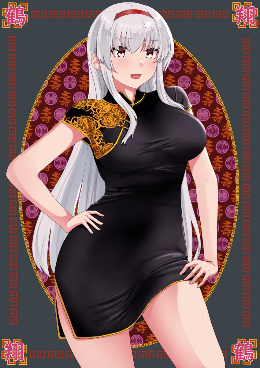 1girl alternate_costume black_dress blush breasts brown_eyes china_dress chinese_clothes cowboy_shot dress green_background hairband headband highres jouzaburou_(joe3) kantai_collection long_hair medium_breasts open_mouth short_dress shoukaku_(kancolle) smile white_hair