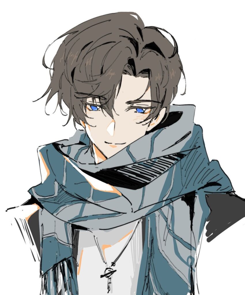 1boy artem_wing_(tears_of_themis) blue_eyes blue_scarf brown_hair closed_mouth commentary_request fringe_trim hair_between_eyes highres jacket konec_(ucce_llo) male_focus parted_bangs scarf shirt simple_background smile solo tears_of_themis upper_body white_background white_jacket white_shirt