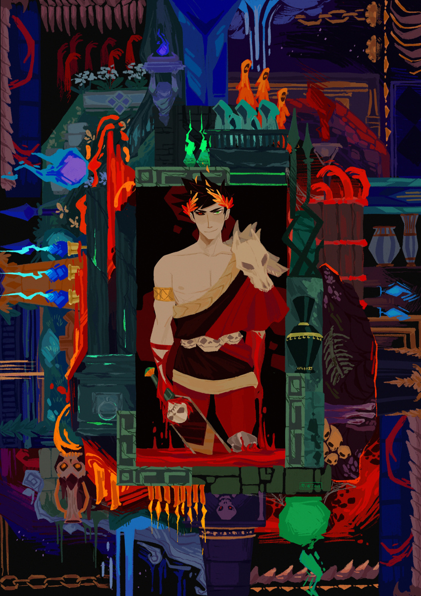 1boy animal_skull animal_skull_ornament armband black_hair black_sclera black_tunic blood blood_on_hands blue_fire cape chain closed_mouth collarbone colored_sclera disembodied_hand fire gold_trim green_fire hades_(series) hades_1 heterochromia highres holding holding_sword holding_weapon laurel_crown leggings male_focus nipples pectorals red_cape red_leggings robe side_cape single_bare_shoulder skull smile solo spearmintaii spiked_hair straight-on sword tunic urn weapon zagreus_(hades)