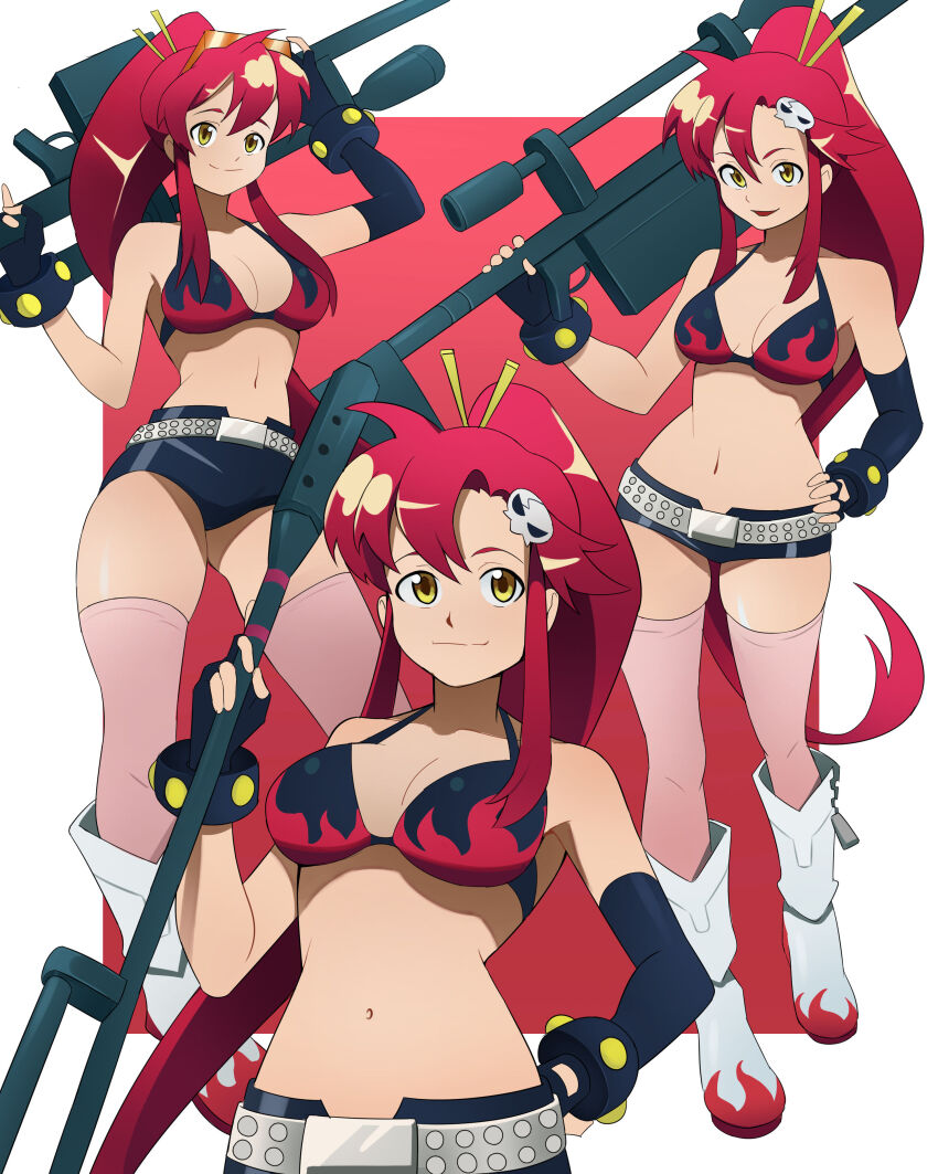 1girl absurdres belt bikini bikini_top_only black_gloves boots breasts closed_mouth elbow_gloves fingerless_gloves flame_print gloves gun hair_ornament high_ponytail highres holding holding_gun holding_weapon kaerujj long_hair medium_breasts micro_shorts multiple_views open_fly parted_lips pink_thighhighs ponytail red_hair rifle shorts sidelocks skull_hair_ornament sniper_rifle studded_belt swimsuit tengen_toppa_gurren_lagann thighhighs very_long_hair weapon white_boots yellow_eyes yoko_littner