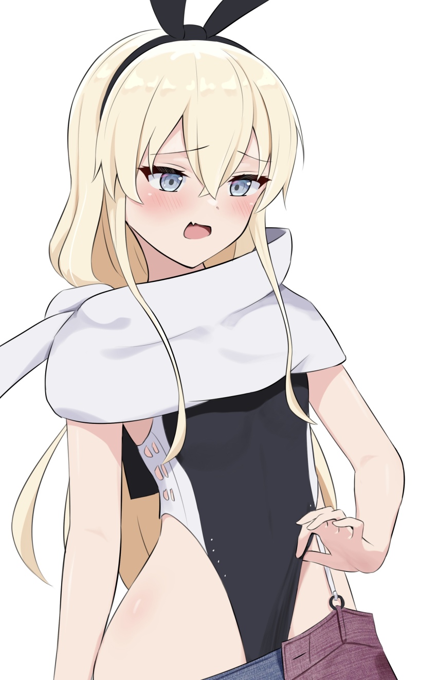 1girl absurdres american_flag american_flag_print american_flag_skirt black_hairband black_one-piece_swimsuit blonde_hair blue_eyes cosplay denim denim_skirt flag_print hair_between_eyes hairband highleg highleg_one-piece_swimsuit highres kantai_collection l_meet long_hair one-piece_swimsuit open_mouth print_skirt scarf shimakaze_(kancolle) simple_background skirt solo swimsuit two-tone_one-piece_swimsuit wahoo_(kancolle) wahoo_(kancolle)_(cosplay) white_background white_scarf