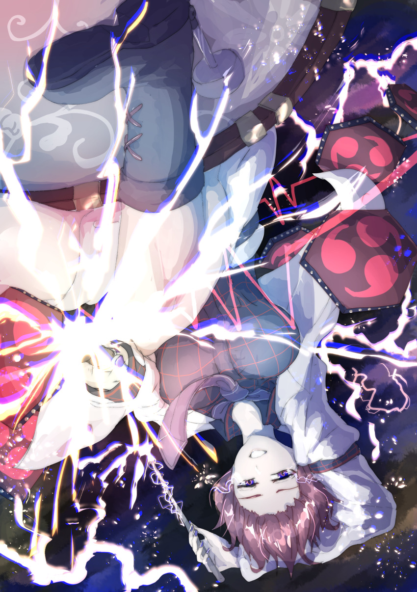 1girl absurdres black_background black_footwear black_shirt breasts commentary_request drum full_body greek_commentary highres horikawa_raiko indatsukasa instrument large_breasts lightning long_sleeves looking_at_viewer necktie parted_lips plaid_clothes plaid_shirt purple_necktie red_eyes red_hair shirt short_hair sitting solo taiko_drum touhou upside-down white_shirt
