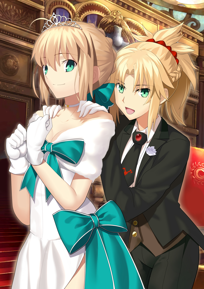 2girls :d absurdres ahoge aqua_bow artoria_pendragon_(fate) besmiled black_jacket black_neckwear black_pants blonde_hair bow breasts choker cleavage collarbone diadem dress fate_(series) formal_clothes gloves green_eyes hair_between_eyes hair_ornament hair_scrunchie hands_on_another&#039;s_shoulder heroic_spirit_formal_dress high_ponytail highres indoors jacket long_hair medium_breasts mordred_(fate) mordred_(fate/apocrypha) mordred_(formal_dress)_(fate) multiple_girls necktie official_alternate_costume open_clothes open_jacket open_mouth pants ponytail red_scrunchie saber_(fate) saber_(formal_dress)_(fate) scrunchie shirt smile white_dress white_gloves white_shirt