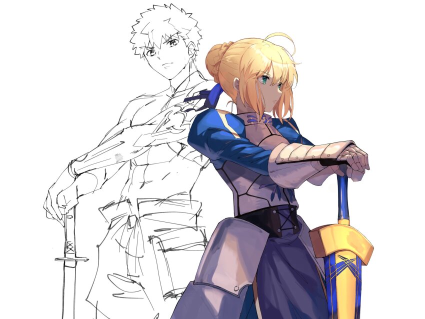 1boy 1girl ahoge artoria_pendragon_(fate) avalon_(fate) blonde_hair emiya_shirou excalibur_(fate/stay_night) fate/grand_order fate_(series) highres holding holding_sword holding_weapon kamigokuin ponytail saber_(fate) senji_muramasa_(fate) sketch sword toned toned_male weapon