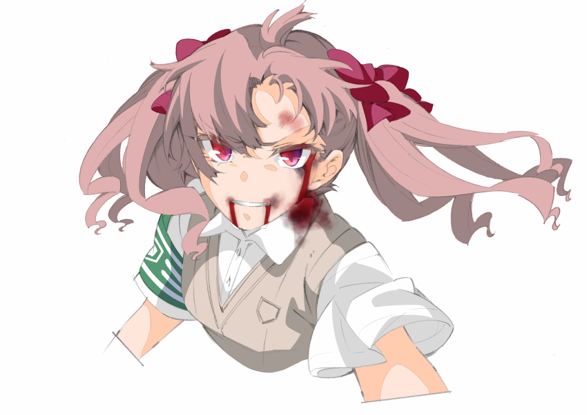 1girl absurdres armband blood blood_from_mouth blood_on_clothes blood_on_face blush bow brown_sweater_vest bruise bruise_on_face cropped_arms cropped_torso emblem green_armband hair_between_eyes hair_bow hair_ribbon higashizukihi_sei highres injury long_hair looking_at_viewer pink_hair red_bow red_eyes red_ribbon ribbon school_uniform shirai_kuroko shirt short_sleeves simple_background smile solo summer_uniform sweater_vest teeth toaru_kagaku_no_railgun toaru_majutsu_no_index tokiwadai_school_uniform twintails upper_body vest white_background white_shirt