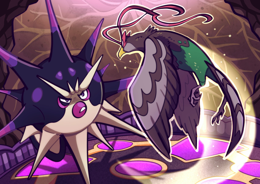 animal_focus arena art_rpg bird commentary english_commentary flying full_body fushigiseeds gen_5_pokemon gilbert_(fushigiseeds) highres indoors light_trail looking_at_another nintendo no_humans overqwil pheasant pokemon pokemon_(creature) pokemon_battle pokemon_move purple_eyes sky_attack_(pokemon) swooping unfezant unfezant_(male)